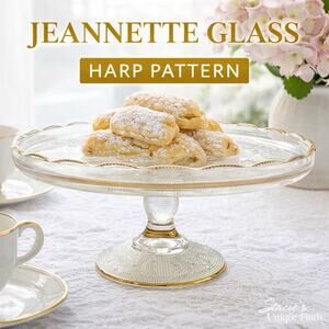 Vintage 1950s Jeannette Glass Harp Lyre 10" Pedestal Cake Stand w/Gold Trim